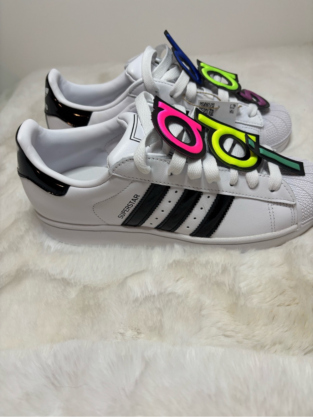 adidas White Superstar Sneakers with Neon Letter Charms - Picture 2 of 4